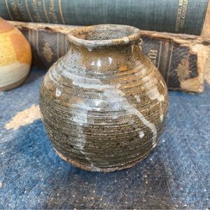 Small Green Brown White Stoneware Studio Pottery Vase artist signed
